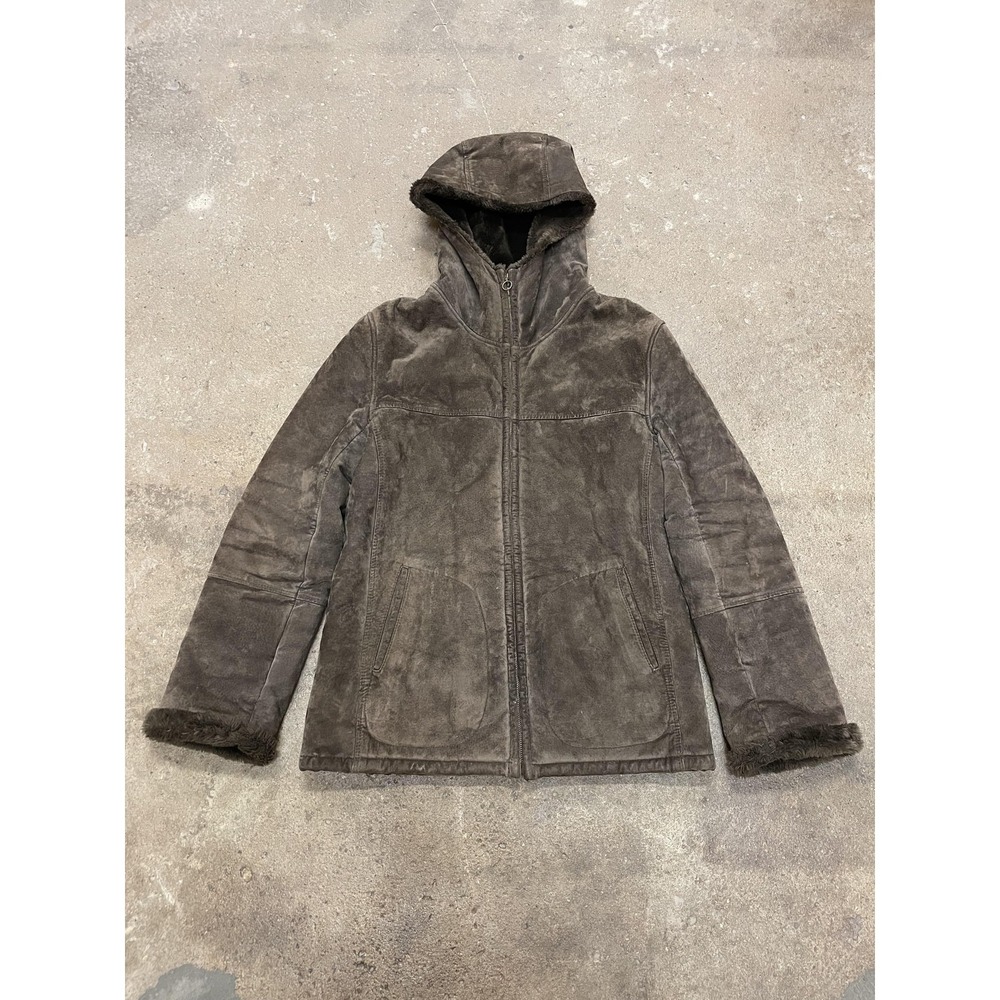 Jones New York Sport Jacket Womens Small Brown Suede Hooded Shearling C38078